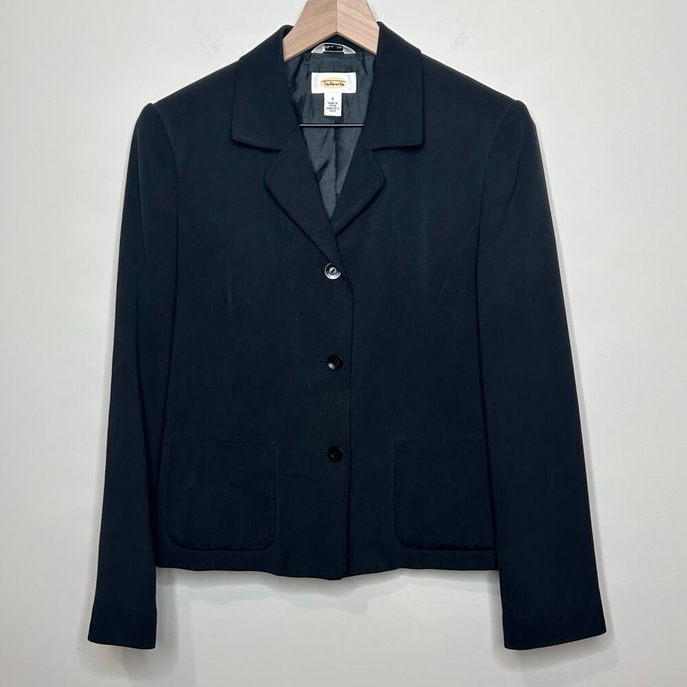 Talbots 100% Silk Black Blazer Suit Jacket Size 6 Long Sleeves 3-Button Business